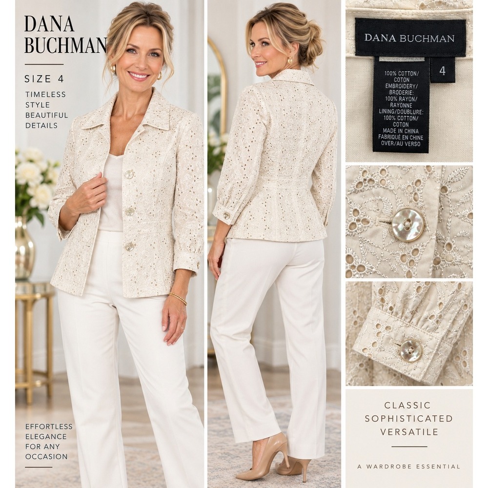 NWT $250 DANA BUCHMAN Size 4 Ivory Eyelet Embroidered Cotton Jacket Blazer #1888